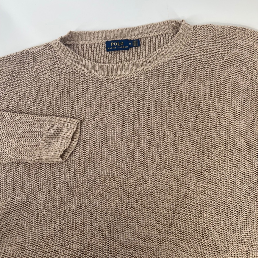 Vintage Polo Ralph Lauren Women's Linen Knit Sweater Beige Tan Crewneck M 90s